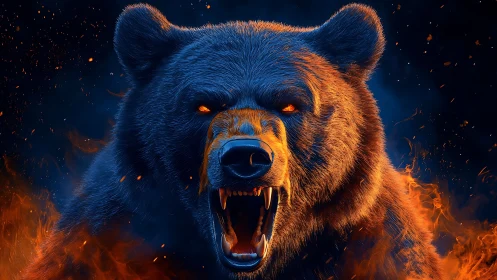 Fierce roaring bear engulfs inferno with neon firelight
