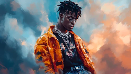 Male figure in orange jacket against abstract cloud background.