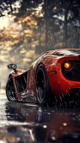 Scarlet supercar prowls rain glazed streets at sundown.