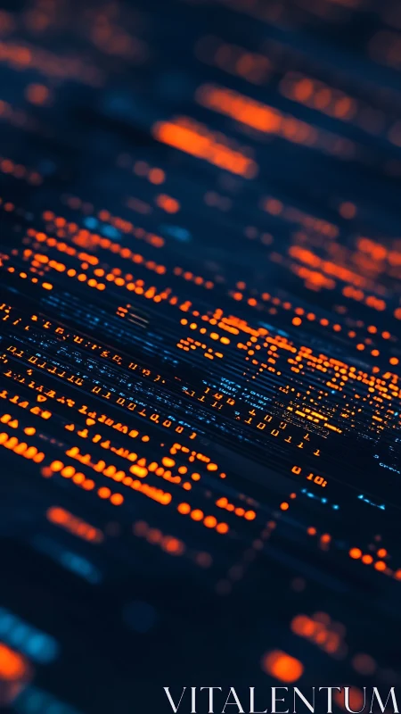 Glowing orange binary code streams on deep navy data grid