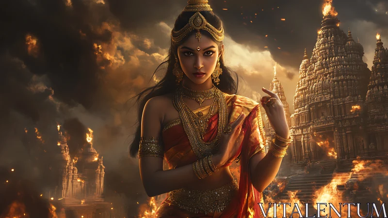 Woman in traditional attire before burning temple complex.