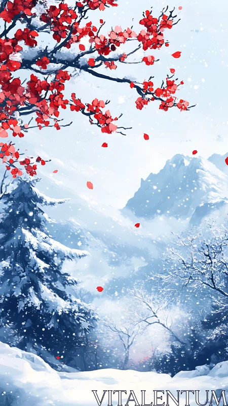 Scarlet blossoms contrast a tranquil alpine winter valley scene