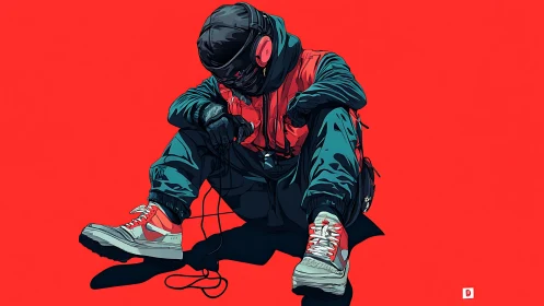 Seated hooded figure wearing headphones holds cable on red field