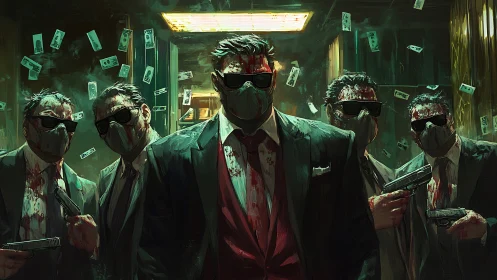 Digital painting of masked gunmen in neon-lit heist corridor.