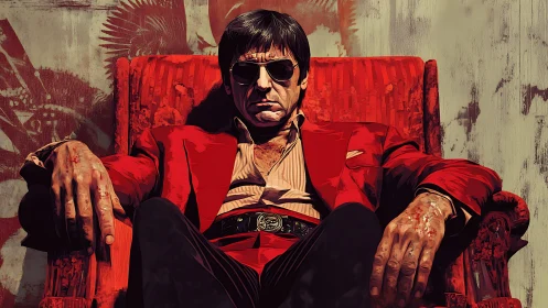 Brooding crime boss in bloodstained red suit portrait