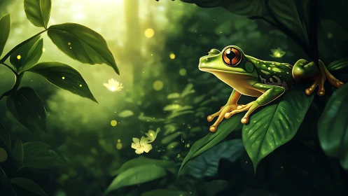 Tree frog glows in magical forest light at dusk.