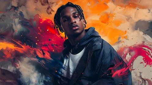 Urban muse drifting through firelit paintstorm skies.