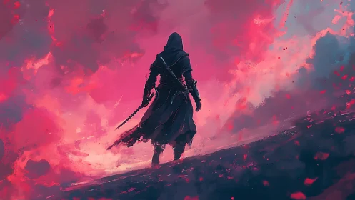 Hooded sword warrior strides through crimson stormscape.