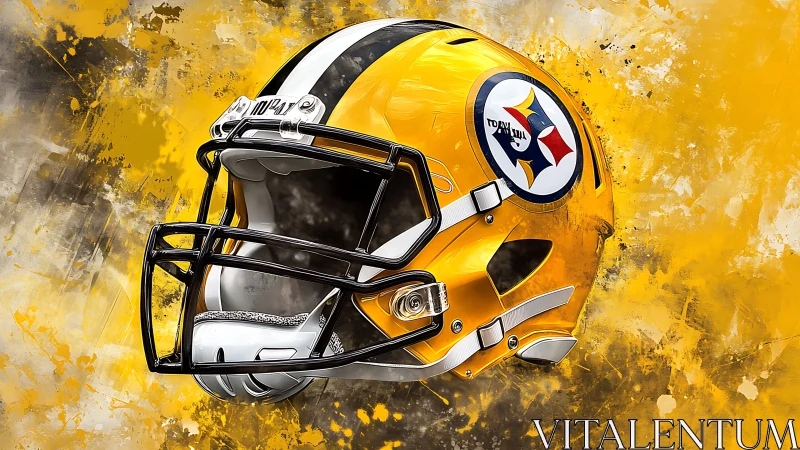 Golden football helmet explodes through abstract paint field.