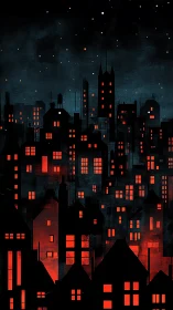 Silhouetted city skyline shows red-lit windows at night