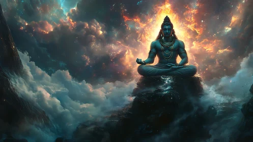 Celestial blue deity meditating above storm lit clouds.