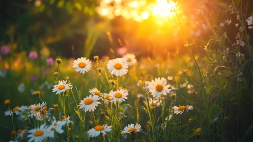Daisies Bathed in Golden Sunlight. Warm Hour