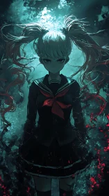 Dark underwater schoolgirl radiates eerie teal light.