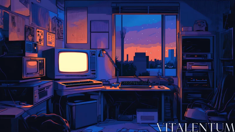 Retro computing workstation glows against dusk city skyline view