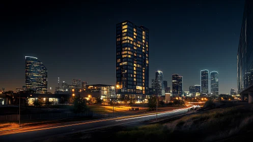 Midnight towers hum above neon-threaded urban arteries.