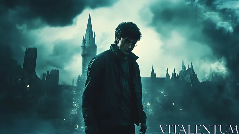 Young male figure before dark castle under storm clouds.