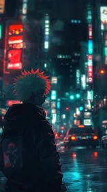 Neon-soaked loner in rain-slicked anime city street at night.