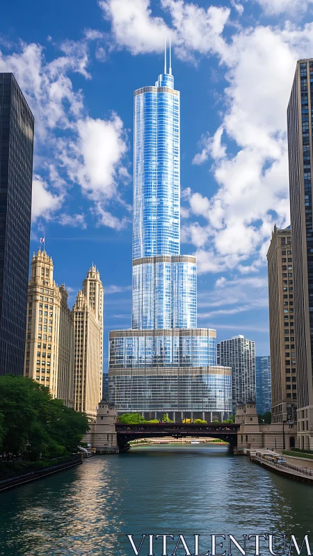 Glass-clad riverfront skyscraper rises above urban corridor