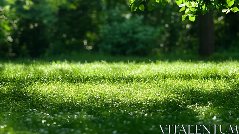 Sunlit Green Grass Meadow in Soft Focus Natural Photography.
