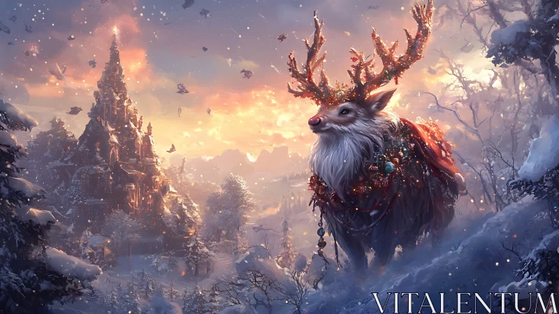 Regal winter stag under glowing sunset in snowland.