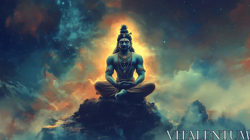 Blue-skinned meditative figure sits on rocky peak in cosmos