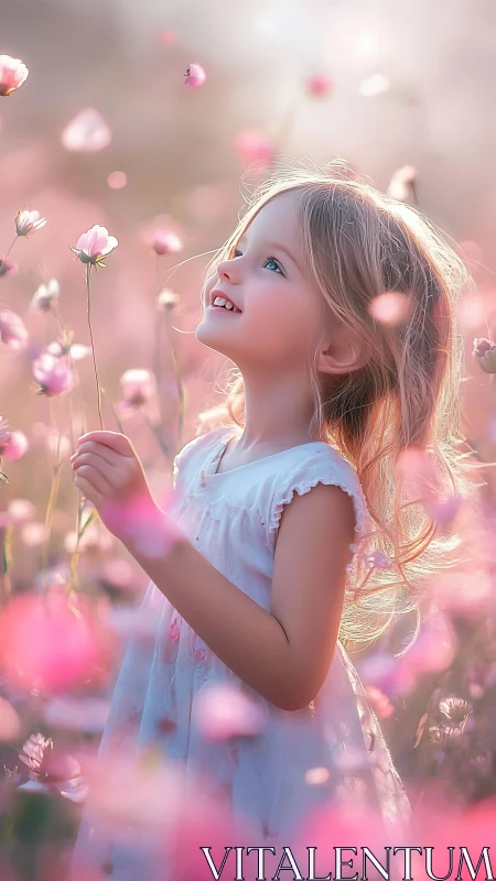 Young child in field of pink flowers with backlighting.