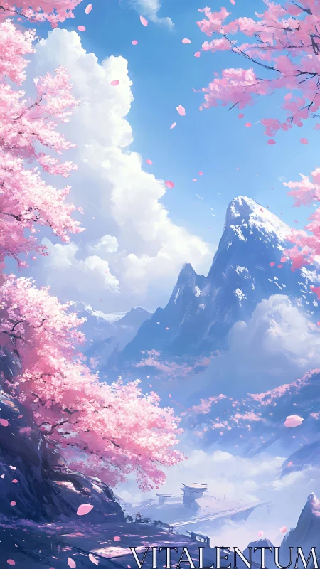 Dreamlike cherry blossoms over misty mountain pass.