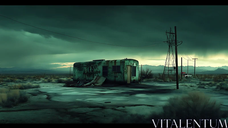Abandoned desert trailer silently decays under stormy skies