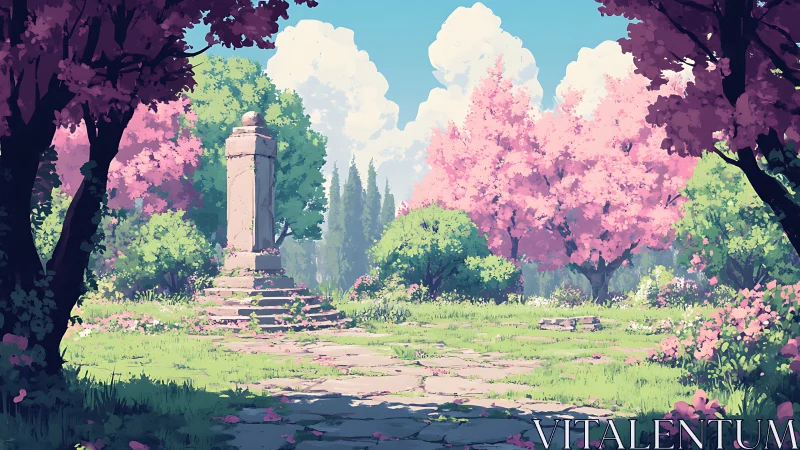 Spring monument clearing with cherry blossoms and stone path