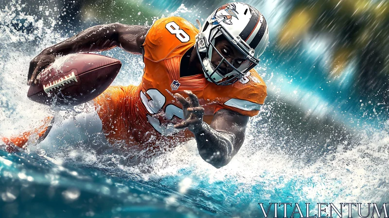 Football player diving through stylized water in action.