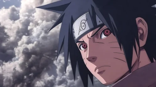 Anime ninja close up with red eyes and cloudy sky background.