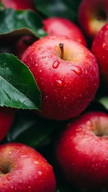 Fresh red apples with dewdrops under soft natural light.