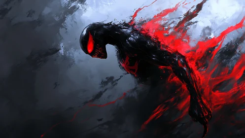 Symbiotic dark figure erupts through red kinetic brushstrokes