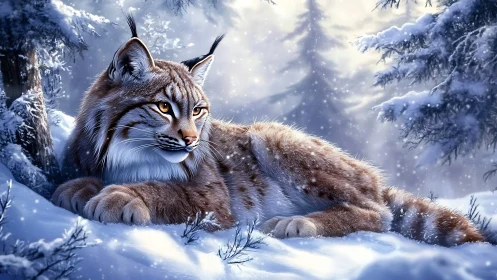 Lynx resting in snow with frosted forest background