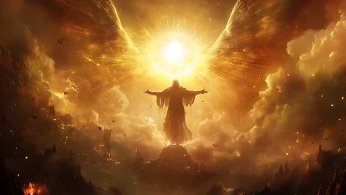 Radiant figure rising through golden stormlit heavens.