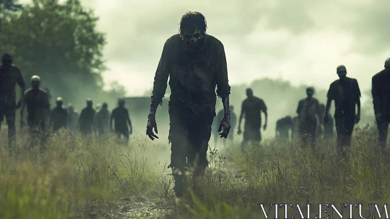 Zombie horde advancing through misty overgrown field.