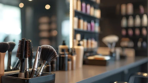 Professional salon counter with brushes and products.