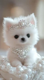 White teacup puppy posed with baroque pearl and crystal regalia