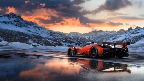 Photoreal supercar on frozen alpine lake at sunset panorama.