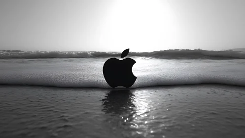 Silhouette logo stands against monochrome shoreline horizon