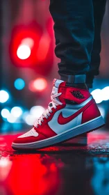 High-top sneaker portrait under neon city bokeh glow.