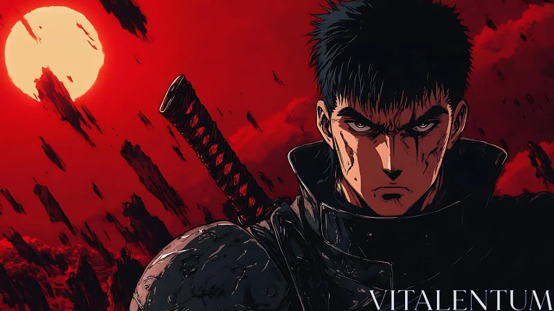 Lone swordsman under a furious red moon sky.