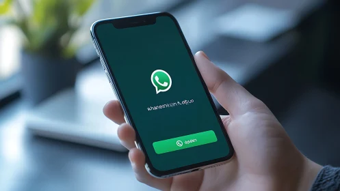 Person holding smartphone with WhatsApp start screen open.