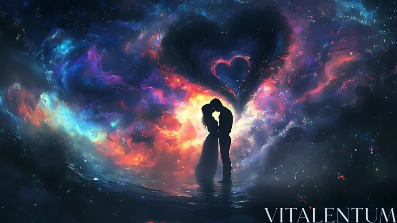 Silhouetted Couple Embracing Within Radiant Cosmic Energy Nebula.