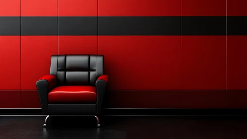 Red leather lounge chair anchors bold geometric interior.