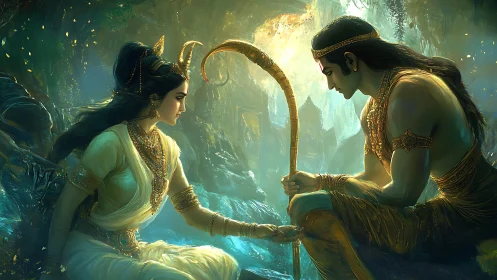 Mythic forest dialogue with luminous ceremonial regalia.