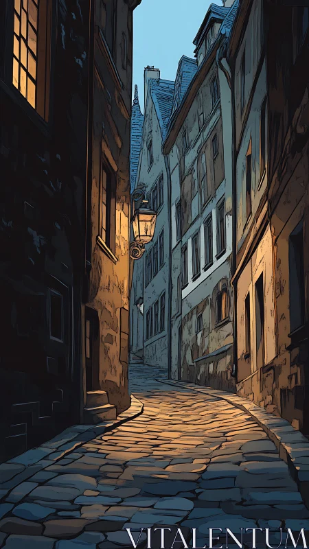 Twilight cobblestone alleyway with lamplit historic facades.