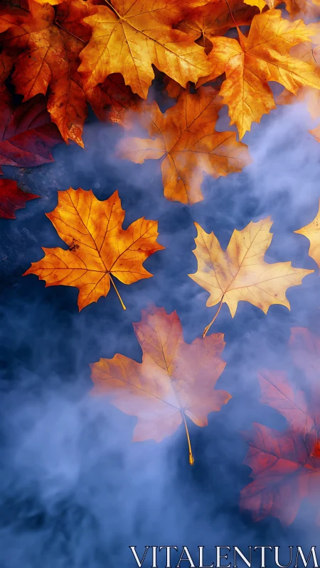 Orange maple leaves floating over blue misty surface.