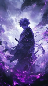 Cursed swordsman commands violet stormfire amid twilight void.