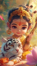 Gentle child deity resting with a loyal white tiger friend.